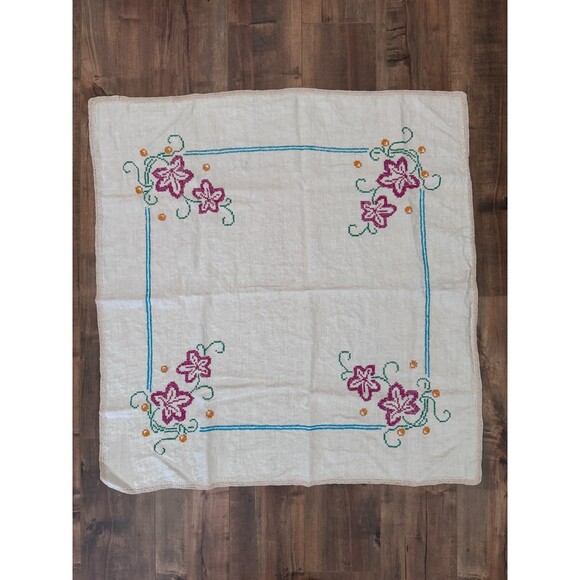 Vintage Cross-Stitch Square Floral Tablecloth 34"x33" Handstitched Embroidery - Picture 1 of 6